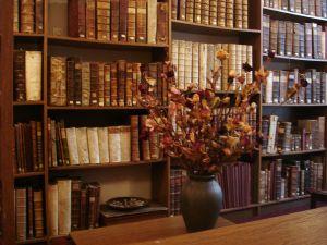 Fragment regału ze starodrukami. Przed regałem wazon z suchym bukietem róż.
