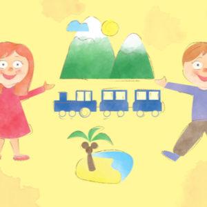 Na żółtym tle po bokach obrazka roześmiana dziewczynka i chłopiec, pośrodku zielone góry, pociąg i palma nad wodą