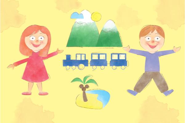 Na żółtym tle po bokach obrazka roześmiana dziewczynka i chłopiec, pośrodku zielone góry, pociąg i palma nad wodą