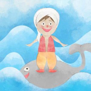 Akwarela: na wzburzonym morzu roześmiana postać we wschodnim stroju i turbanie stojąca na uśmiechniętym szarym wielorybie.