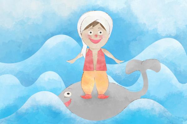 Akwarela: na wzburzonym morzu roześmiana postać we wschodnim stroju i turbanie stojąca na uśmiechniętym szarym wielorybie.