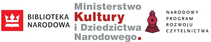 Trzy logotypy Biblioteki Narodowej - na czerwonym kwadracie biała korona pod nią otwarta książka, Ministerstwa Kultury i Dziedzictwa Narodowego, oraz Narodowego Programu Rozwoju Czytelnictwa - z lewej strony napisu czerwona lokomotywa widziana od frontu