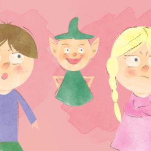 Akwarela: na różowym tle, pośrodku obrazka, roześmiany Cudaczek-Wyśmiewaczek w zielonym kapelusiku i ubranku, z lewej strony chłopiec, z prawej zagniewana dziewczynka z jasnymi warkoczykami.