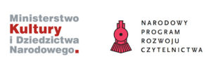 Logo projektu: z lewej strony napis Ministerstwo Kultury i Dziedzictwa Narodowego, z prawej Narodowy Program Rozwoju Czytelnictwa z rysunkiem czerwonej lokomotywy widzianej od frontu.