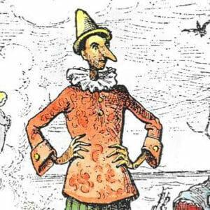 Pinokio z pierwszego wydania książki. Postać w spiczastym kapeluszu, z długim nostem i kryzą na szyi.