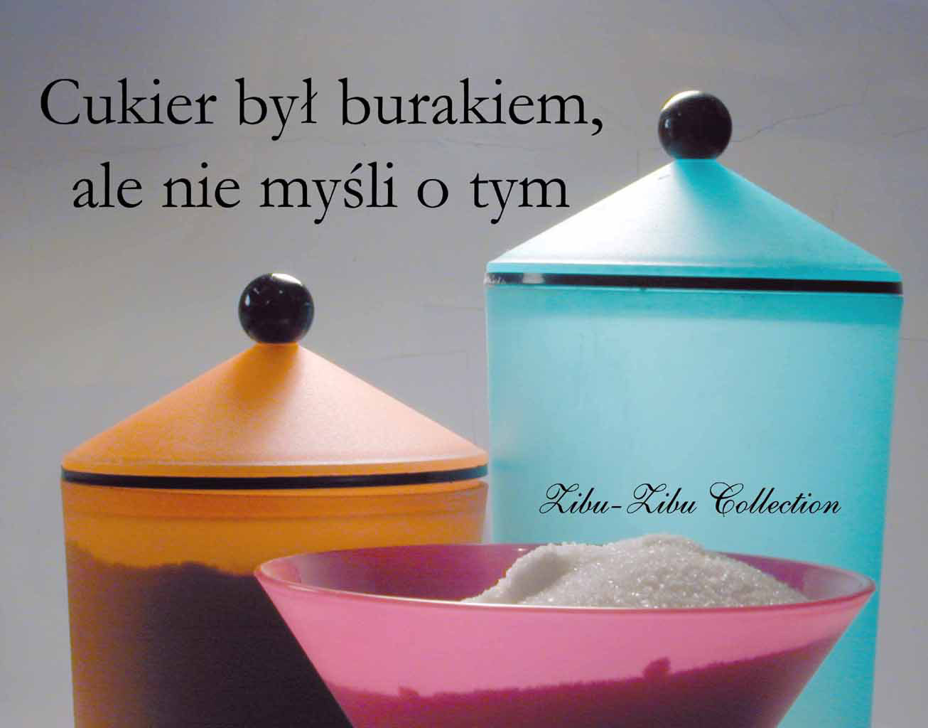 Na pierwszym planie dwa pojemniki spożywcze, przed nimi miska z cukrem. Napis: Cukier był burakiem ale nie myśli o tym.