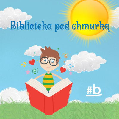 Rysunek. Dziecko czytające książkę na trawie. W tle błękitne niebo, chmury i słońce