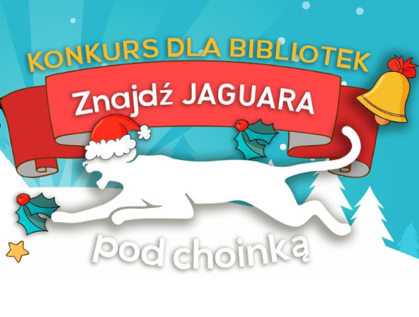 Logo konkursu: biały jaguar w czapce mikołaja. Nad nim czerwona szarfa z tytułem konkursu. Obok symbole świąteczne: dzwonek, ostrokrzew, gwiazdka.