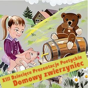 Dziewczynka ze świnką. Obok miś siedzący na beczce