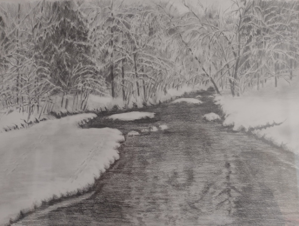 Rysunek - rzeka w zimowej scenerii