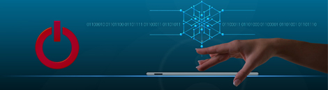 Dłoń dotykająca tabletu. Obok symbol zasilania