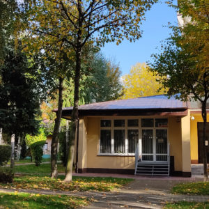 Ocienione drzewami wejście do parterowego budynku.Filia