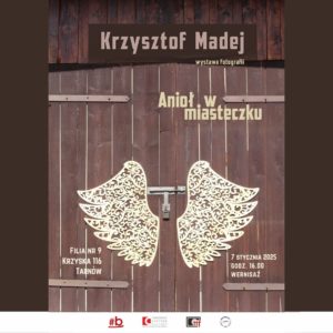 Anielskie krzydła po obu stronach zamkniętej drewnianej bramy