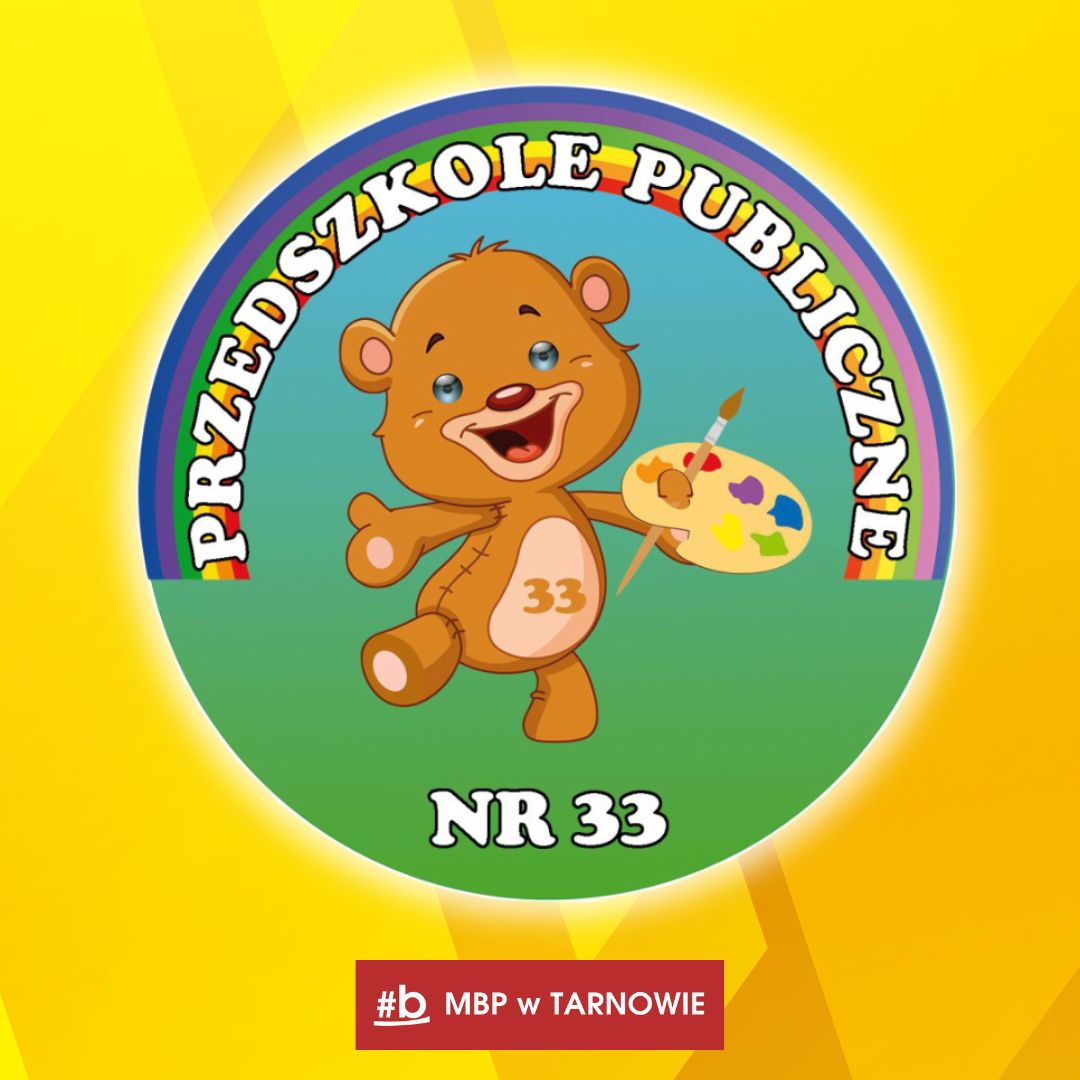 Rysunek roześmianego misia z paletą i pędzlem w łapce, oraz liczbą 33 na brzuszku