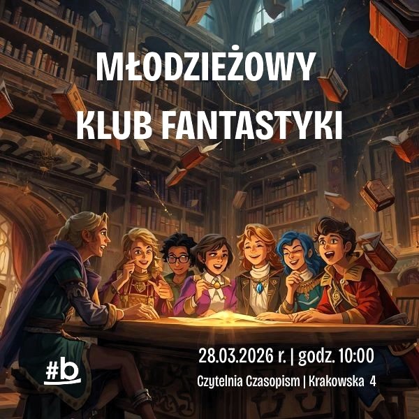 Bajkowa sceneria. Wnętrze biblioteki. Grupa młodych osób siedząca przy stole. Wokół latające książki