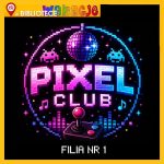 Neonowy napis "PIXEL CLUB" w pikselowym okręgu, joistick i konfetti z pikseli. Fioletowo-różowo-niebieskie światło.