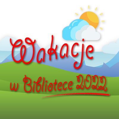 Czerwony napis, w tle wycinankowe szczyty gór i zielone pola