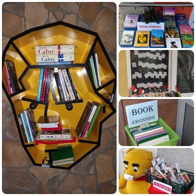 Kolaż 5 zdjęć przedstawiających książki w bookcrossingu. Największa grafika przedstawia głowę w formie półki na książki.