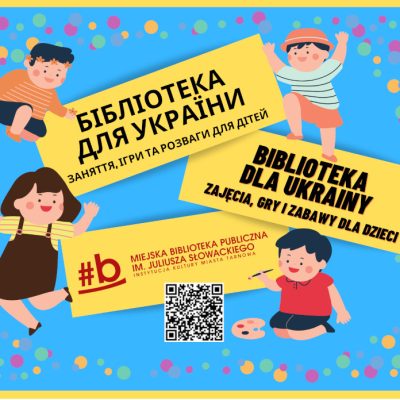 Biblioteka dla Ukrainy – Бібліотека для України Rozbawione dzieci na niebieskim tle w kolorowe kółeczka.