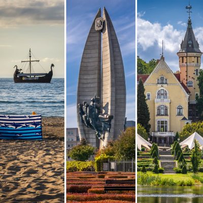 Trzy fotografie przedstawiające plażę ze statkiem, pomnik i fragment budynku z wieżą.