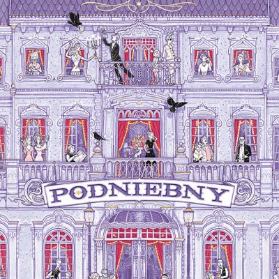 Okładka książki - fasada kamienicy utrzymanej w liliowej tonacji. W każdym z okien i balkonów sylwetki mieszkańców w strojach z epoki