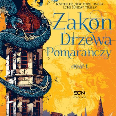 Na żółtym tle wieża opleciona przez smoka